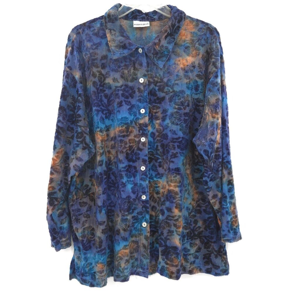Vintage 90s‎ Fashion Bug floral velvet burnout button down shirt Size XL blue